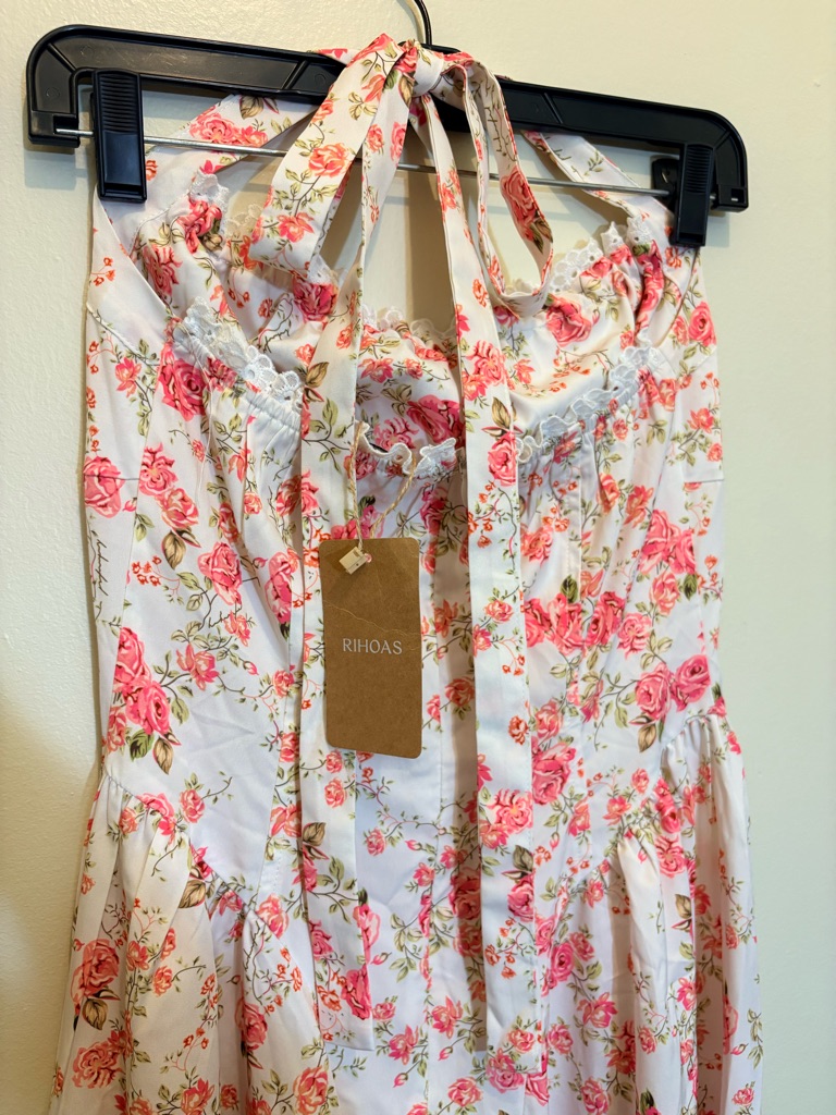 Rihoas Cream Floral Halter Maxi Dress With Pink Rose Print — image 4 of 8